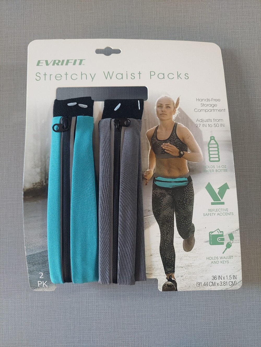 Stretchy Waist Packs For Running Or Hiking, 2-Pack - Teal and Gray